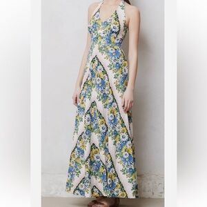 Postmark Halter Floral Soraya Maxi Dress Size 4 Anthropologie Blue Yellow White
